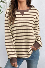 Stripe Patchwork Ribbed Cuff Pullover Sweatshirt in Beige, front view