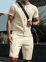 Men's Khaki hooded short sleeve shirt and pocketed shorts set with drawstring detail.