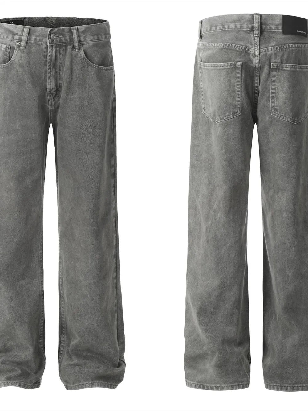 Acid wash wide-leg denim jeans in gray, front and back view.
