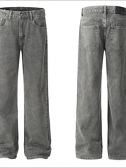 Acid wash wide-leg denim jeans in gray, front and back view.