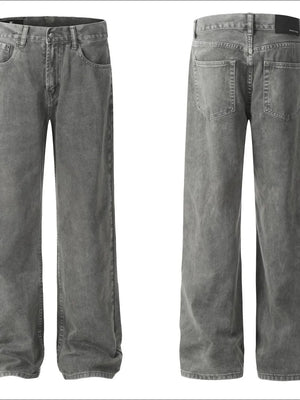 Acid wash wide-leg denim jeans in gray, front and back view.