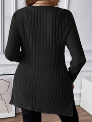 Black ribbed knit tunic with long sleeves and square neckline, shown from the back.