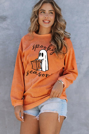 Orange corduroy sweatshirt with "Spooky Season" ghost graphic, crewneck, long sleeves.
