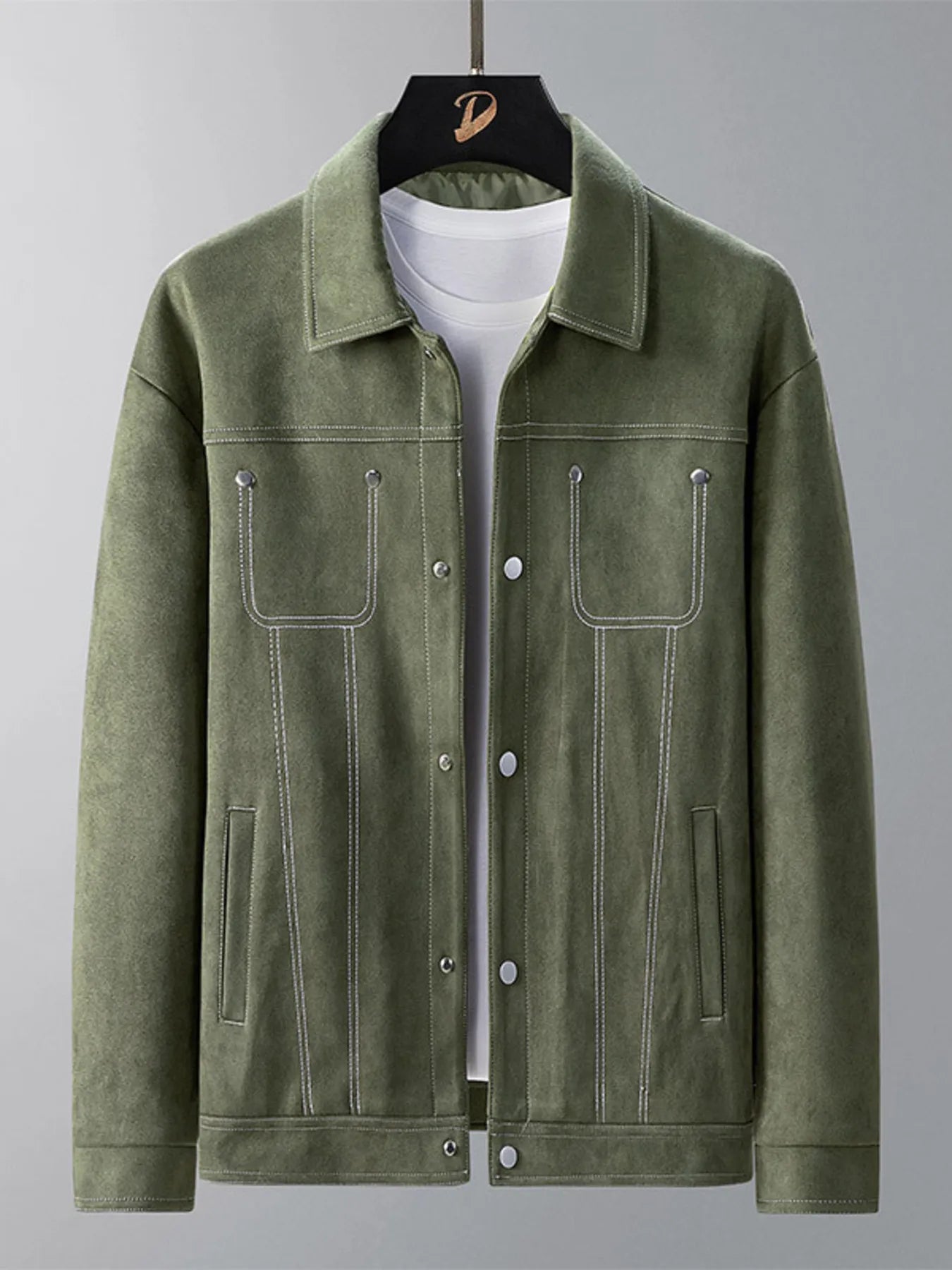 Army green trucker jacket with white contrast stitching and snap buttons.