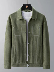Army green trucker jacket with white contrast stitching and snap buttons.