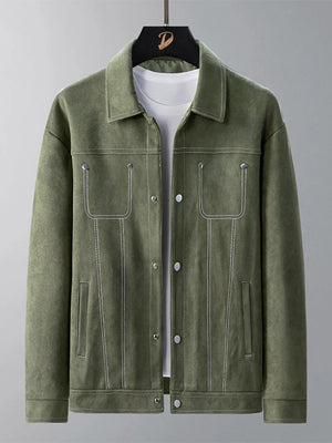Army green trucker jacket with white contrast stitching and snap buttons.