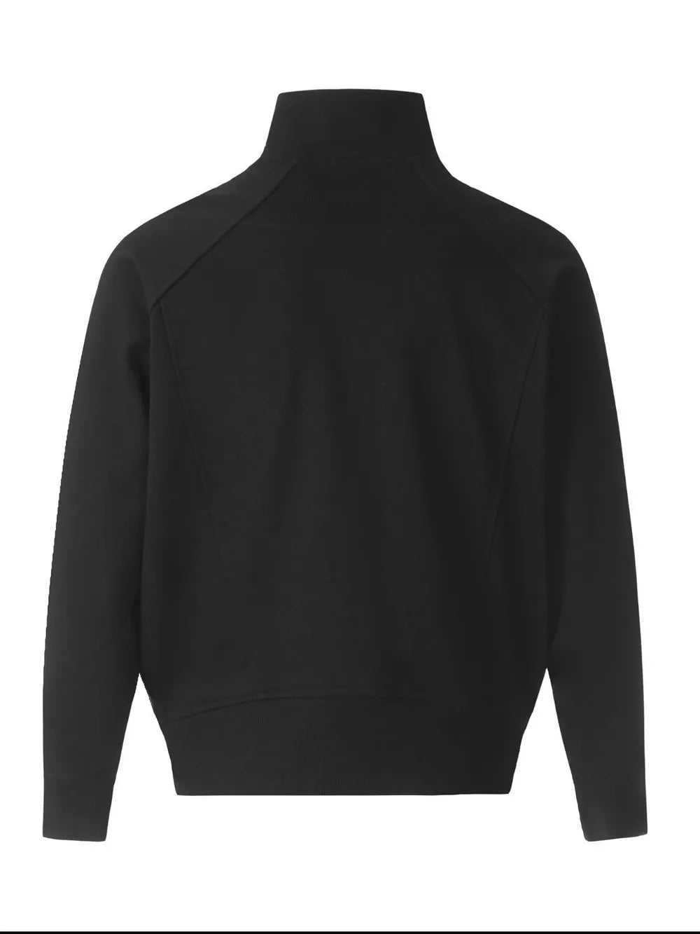 Black zip-up sweatshirt with sculpted seam detail and high neck.