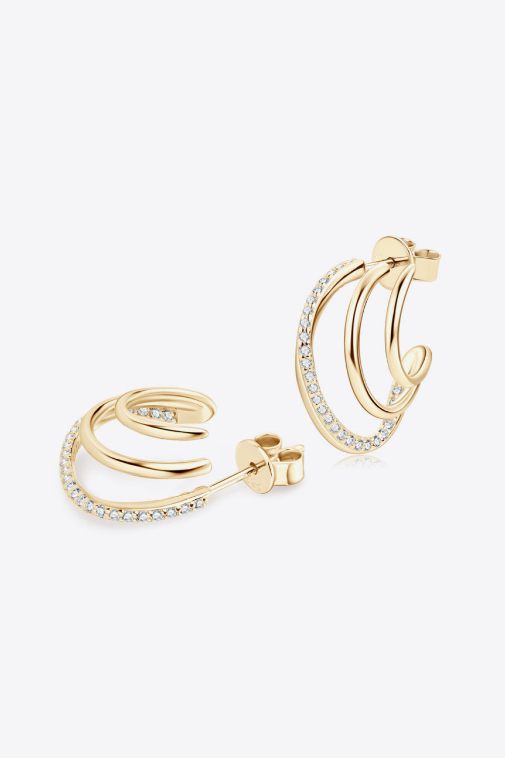 Gold triple hoop diamond stud earrings with pavé-set stones