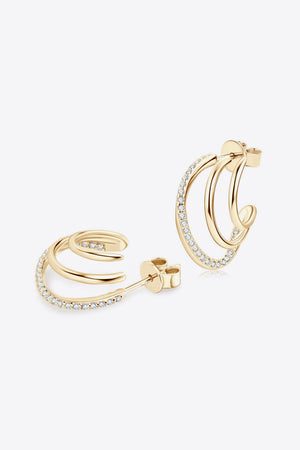 Gold triple hoop diamond stud earrings with pavé-set stones