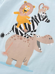 Baby boys light blue cotton tee with safari animal print.