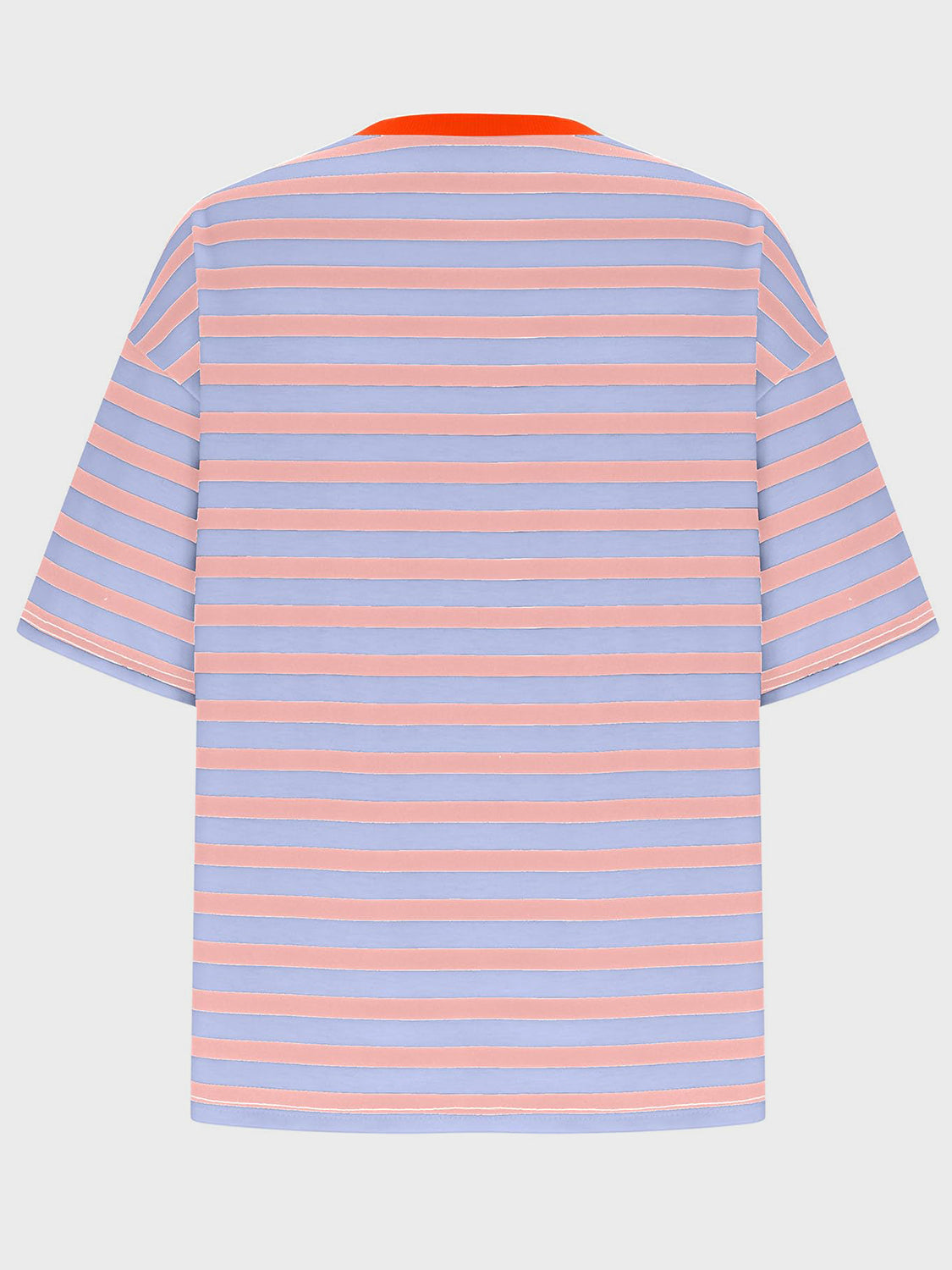 Oversized striped tee with dropped sleeves in light blue and fuchsia pink, featuring an orange neckline.