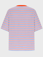 Oversized striped tee with dropped sleeves in light blue and fuchsia pink, featuring an orange neckline.