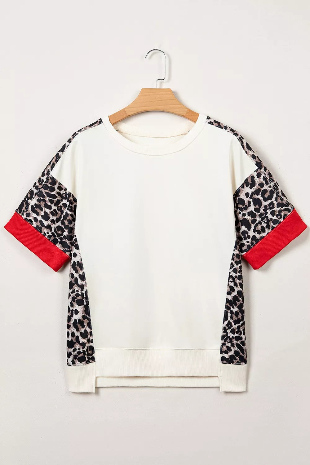 Leopard Patchwork Uneven Hem Short Sleeve Top, side view