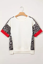 Leopard Patchwork Uneven Hem Short Sleeve Top, side view