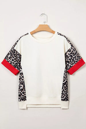 Leopard Patchwork Uneven Hem Short Sleeve Top, side view