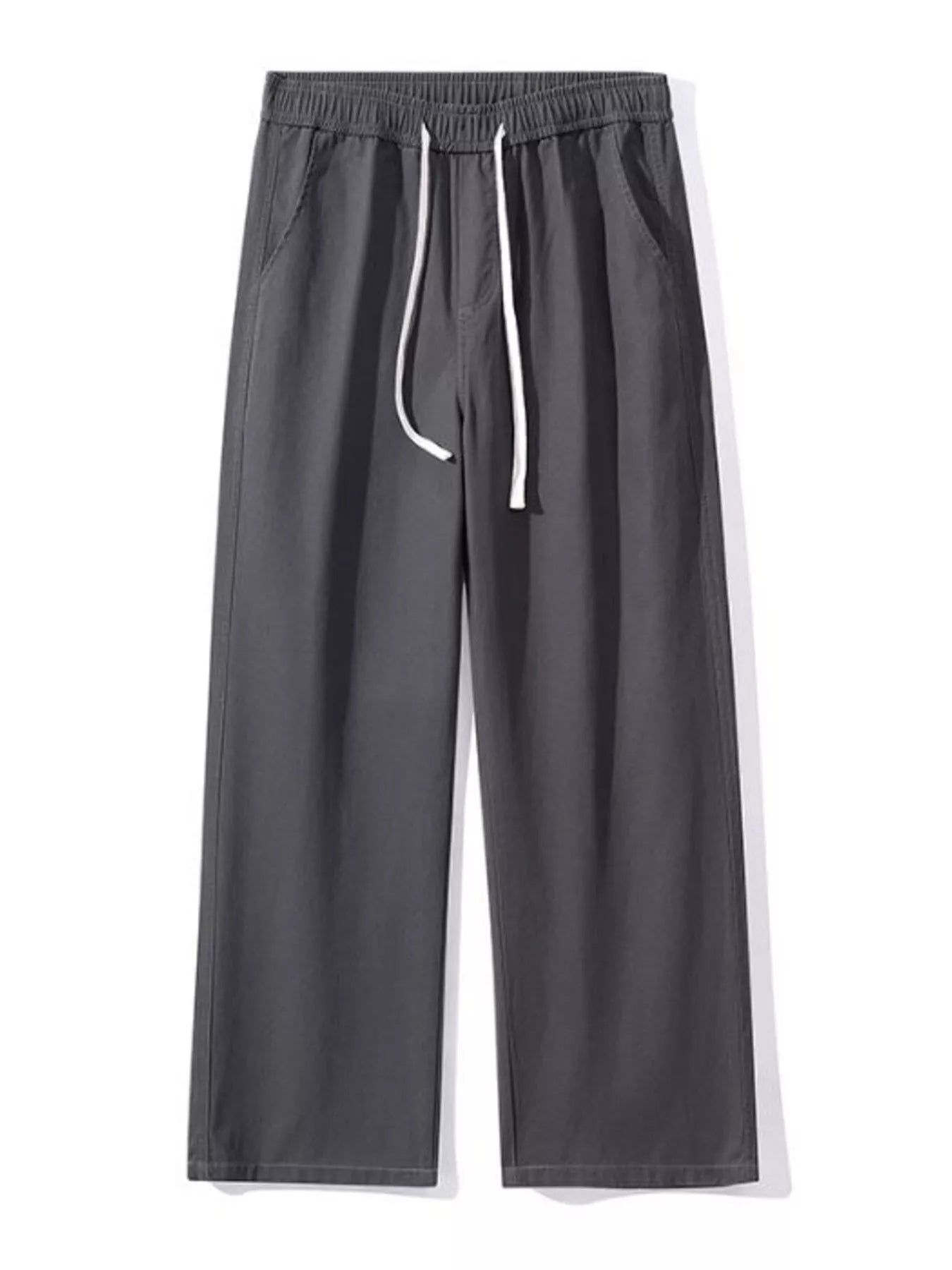 Relaxed fit dark gray cotton drawstring pants with side pockets.