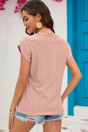 Dusty Pink eyelet cap-sleeve top with keyhole detail