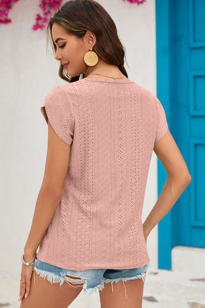 Dusty Pink eyelet cap-sleeve top with keyhole detail