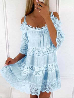 Bohemian Lace Cold Shoulder Mini Dress Plus Size in Light Blue, side view