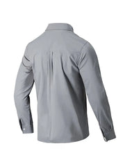 Gray Oxford button-down shirt with relaxed fit and back pleats.