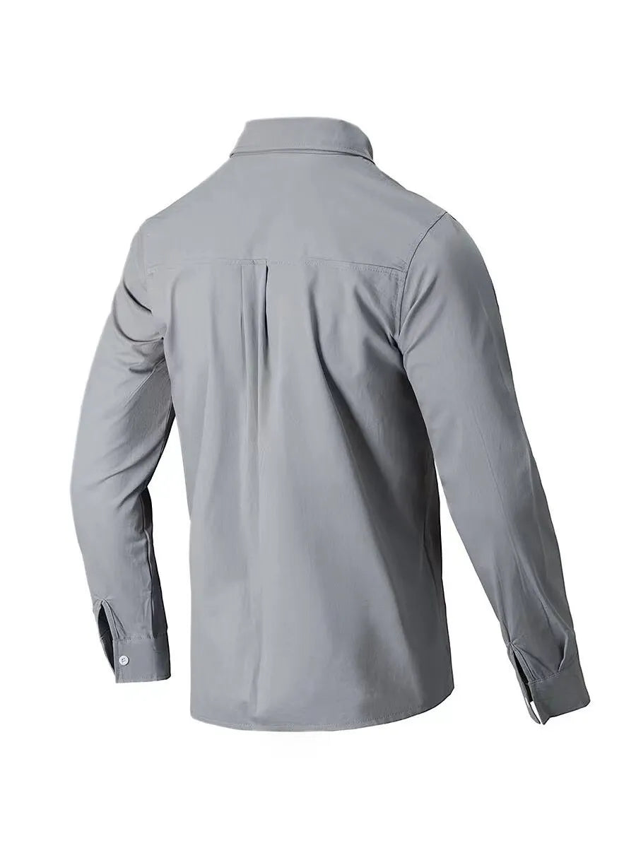 Gray Oxford button-down shirt with relaxed fit and back pleats.