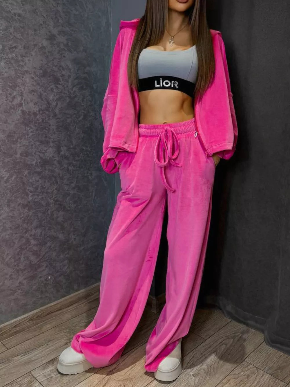 Zip Up Cropped Outerwear And Pants Set in Apricot, front view