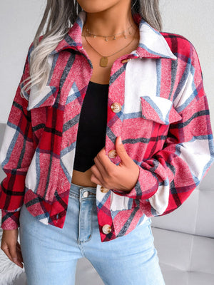 Oversized red plaid shacket with patch pockets and button front.