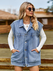Oversized denim sleeveless jacket in dusty blue with button front and pockets