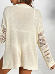 Open-knit tan cover-up with slouchy fit and cutout sleeves.