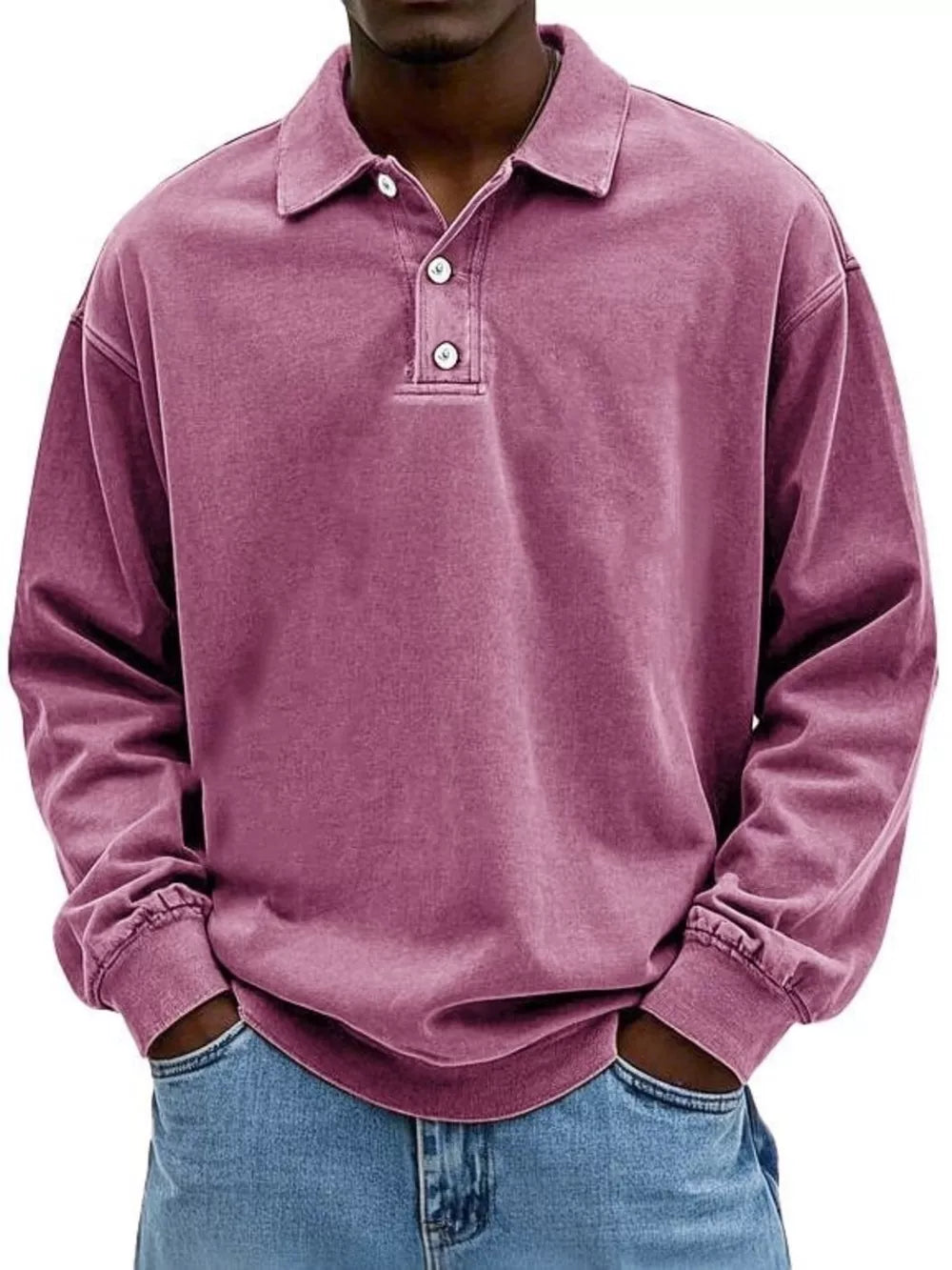 Men's vintage washed long sleeve polo shirt in purple with button detail and cuffed sleeves.
