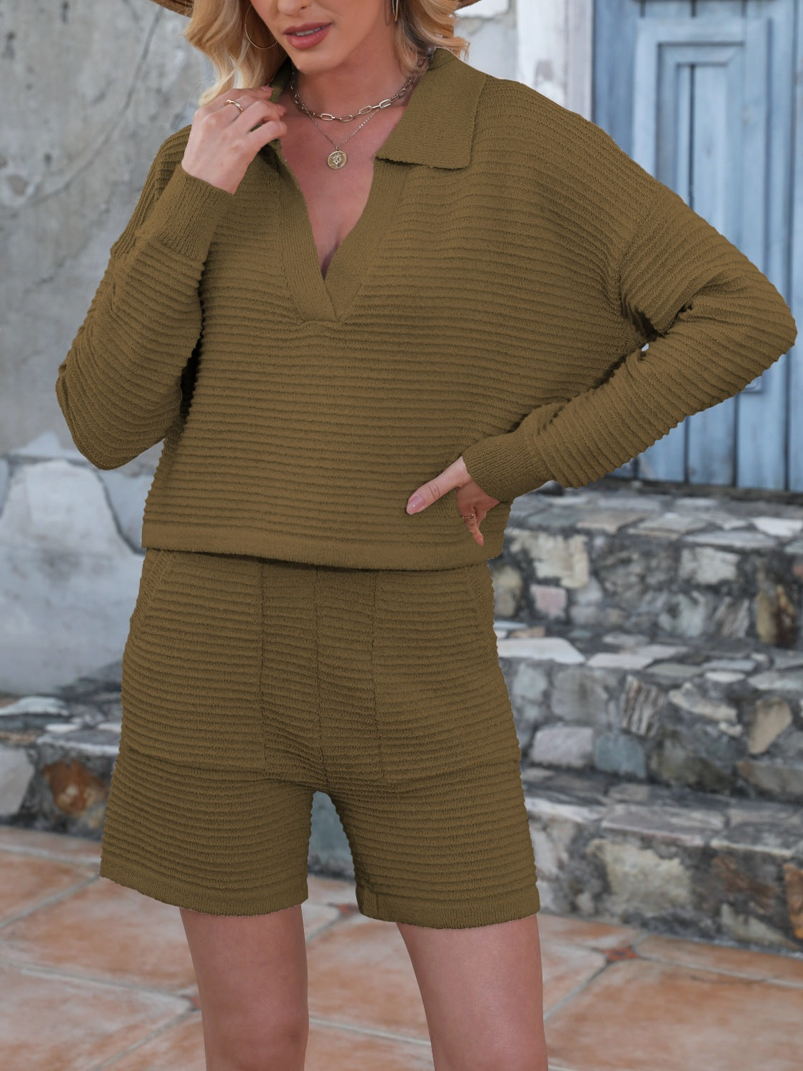 Olive textured knit polo sweater and shorts set with v-neck and long sleeves.