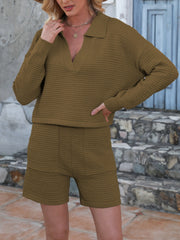 Olive textured knit polo sweater and shorts set with v-neck and long sleeves.