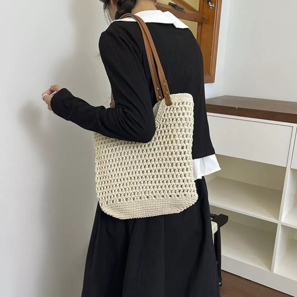 Crochet Knit Shoulder Bag in Cream White, front view