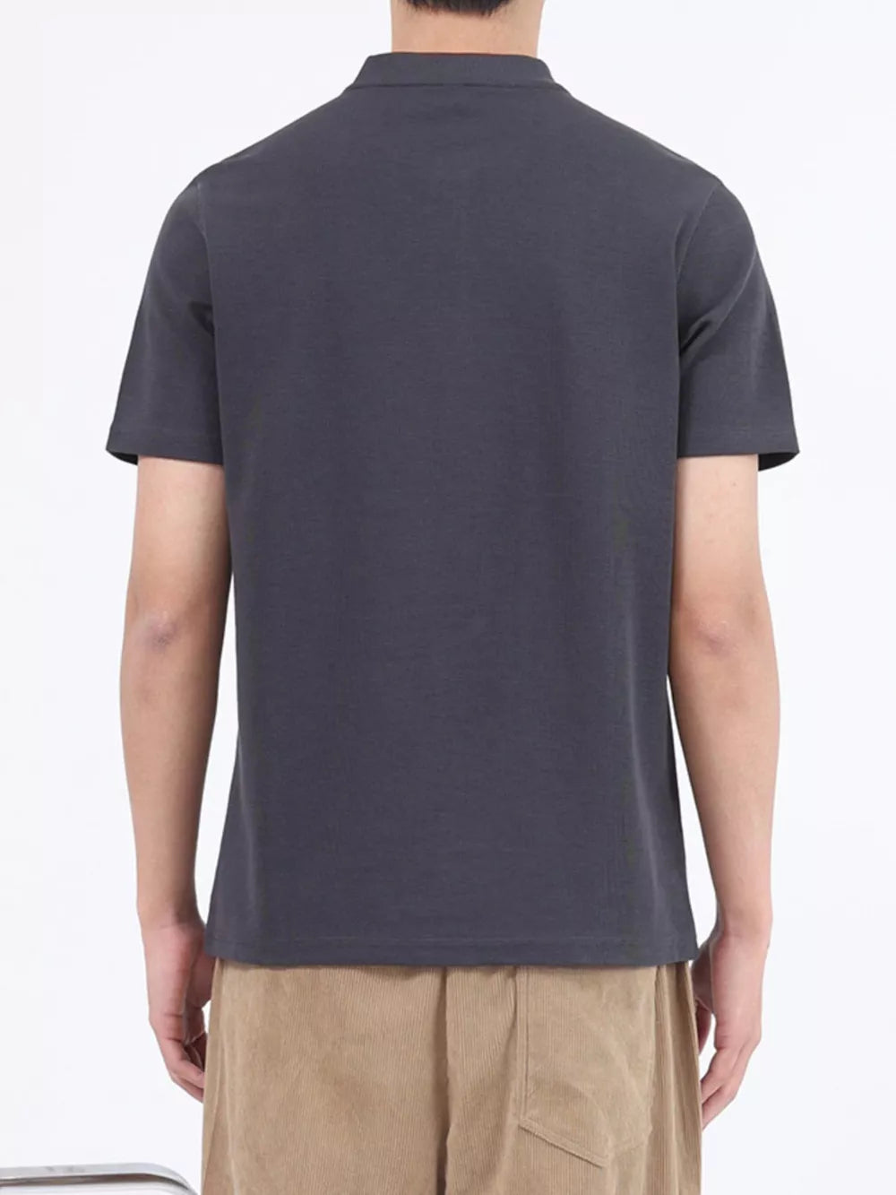 Dark gray cotton casual Henley t-shirt with button placket, short sleeves.