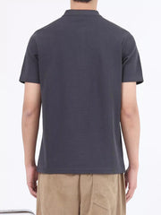 Dark gray cotton casual Henley t-shirt with button placket, short sleeves.