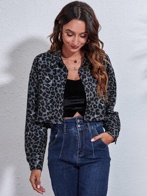 Black leopard print boxy shirt jacket with button front and collar.