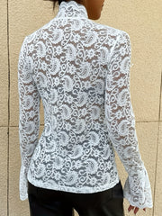 White lace blouse with bell sleeves and mock neck, featuring a paisley pattern.