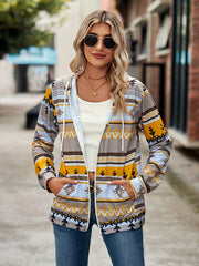 Aztec print zip-up hooded jacket with pockets in gray, yellow, and blue.