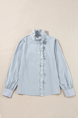 Light blue pinstripe blouse with ruffled collar and lace trim
