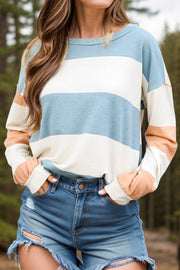 Striped sweatshirt in light blue, white, and blush pink with block sleeves and a crew neck.