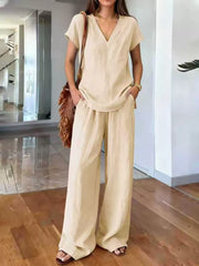 Full Size V-neck Short Sleeve Top And Pants Set in Light Brown, close-up detail