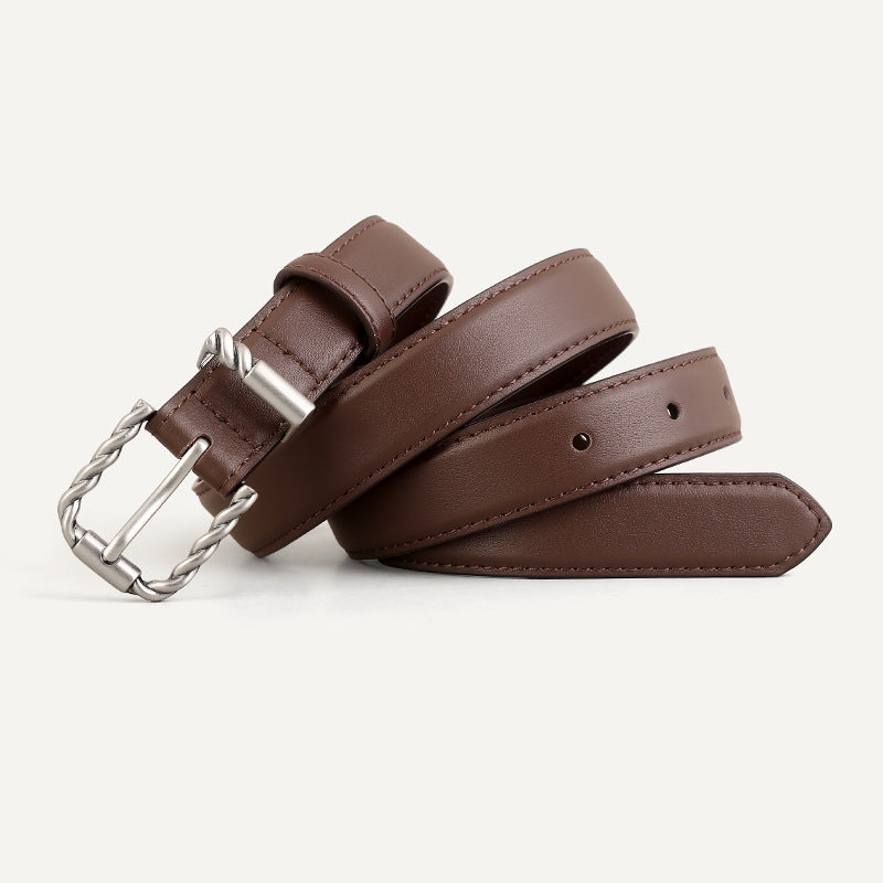 Brown cowhide leather belt with twisted buckle detail