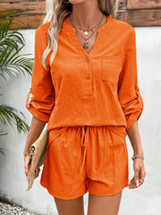 Orange linen henley shirt with roll-tab sleeves and drawstring shorts set