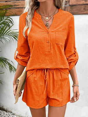 Orange linen henley shirt with roll-tab sleeves and drawstring shorts set