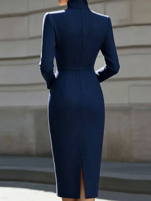 High Neck Long Sleeve Slit Dress in Dark Blue, editorial view