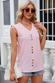 Blush pink perforated button-down sleeveless blouse with V-neck