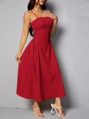 Deep Red cami dress with ruched bodice and crisscross lace-up sides, A-line skirt.