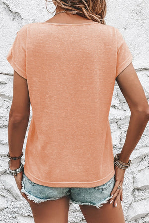 Shoulder Button Detail Tee in tan with short sleeves and a scoop neck.