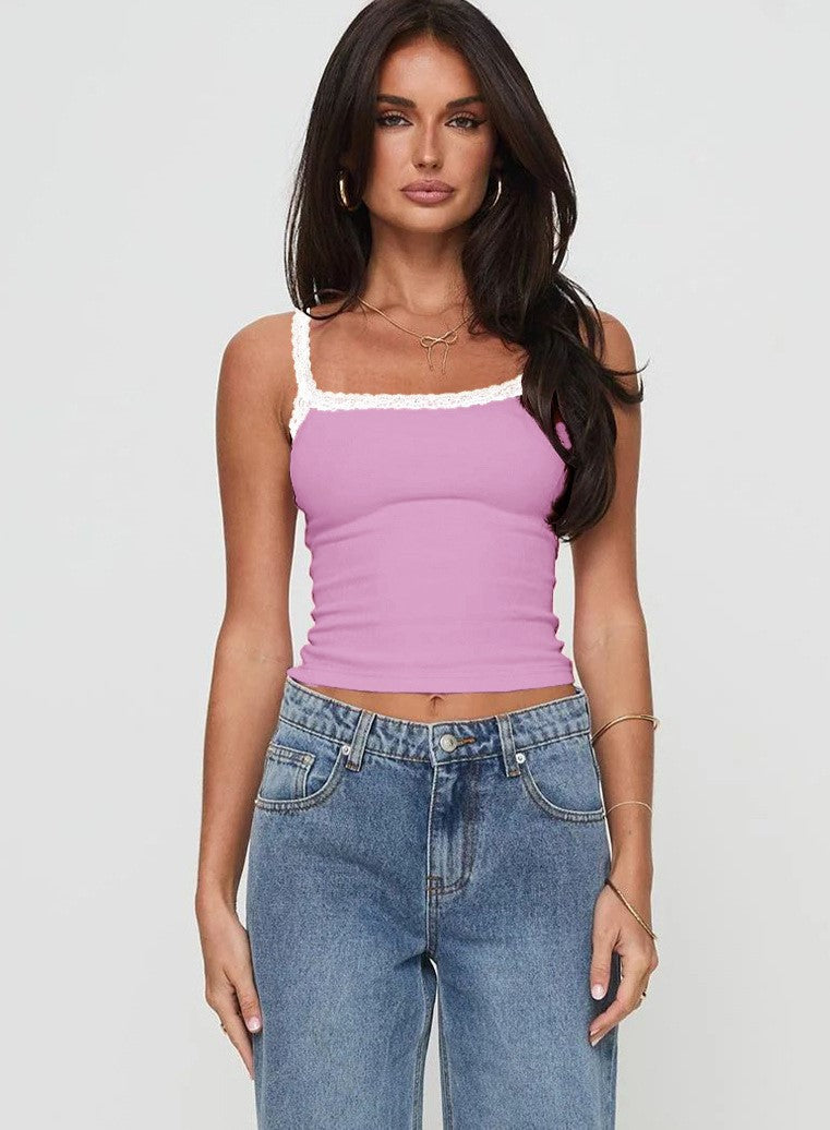 Pink purple ribbed tank top with white lace trim and square neckline.