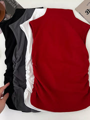 Textured ruching mock neck tank top in wine red, white, dark gray, and black.